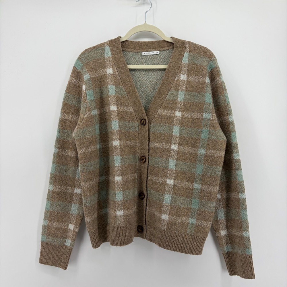 Staccato Womens Medium Brown Plaid V-Neck Button Front Knit Cardigan Sweater